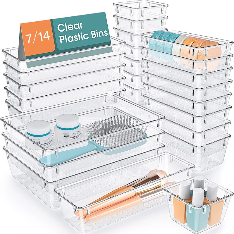 Desk Setup Kit - 7/14 Pcs Drawer Organizers Set Clear